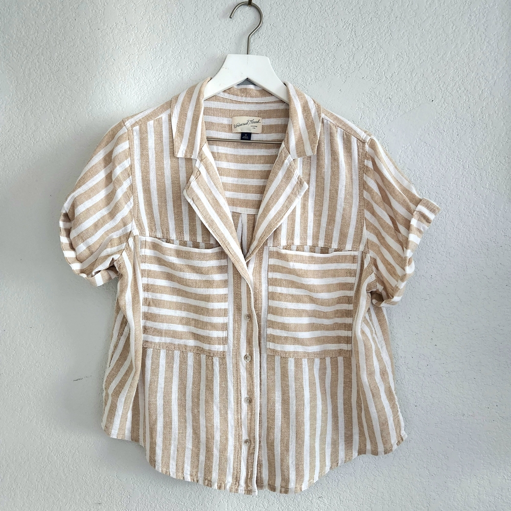 Tan and White Striped Button-Up Shirt